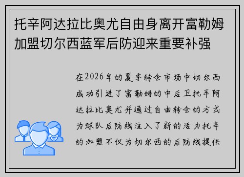 托辛阿达拉比奥尤自由身离开富勒姆加盟切尔西蓝军后防迎来重要补强